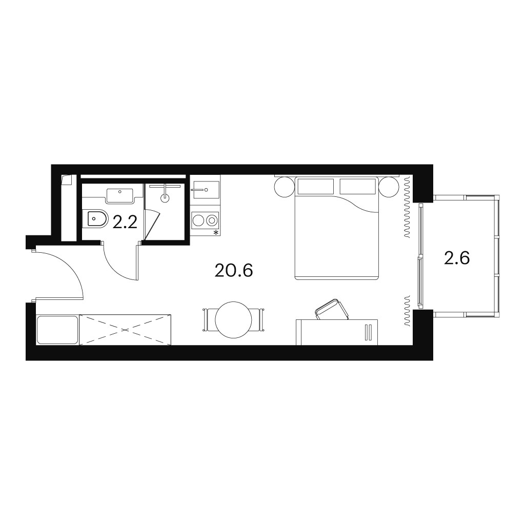 Планировка: 1-комнатная, 25.4 м²