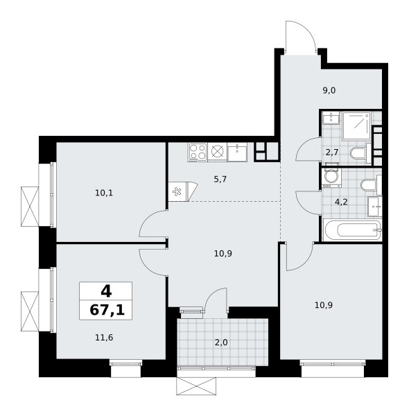 Планировка: 4-комнатная, 67.1 м²