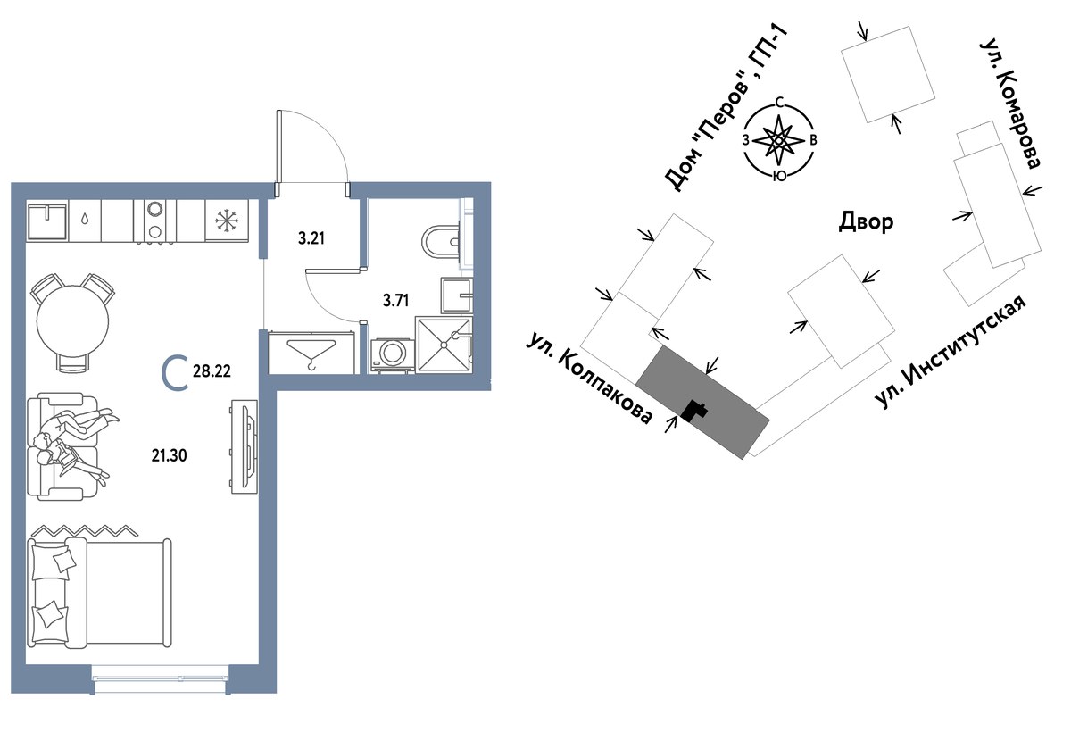Планировка: 1-комнатная, 28.22 м²