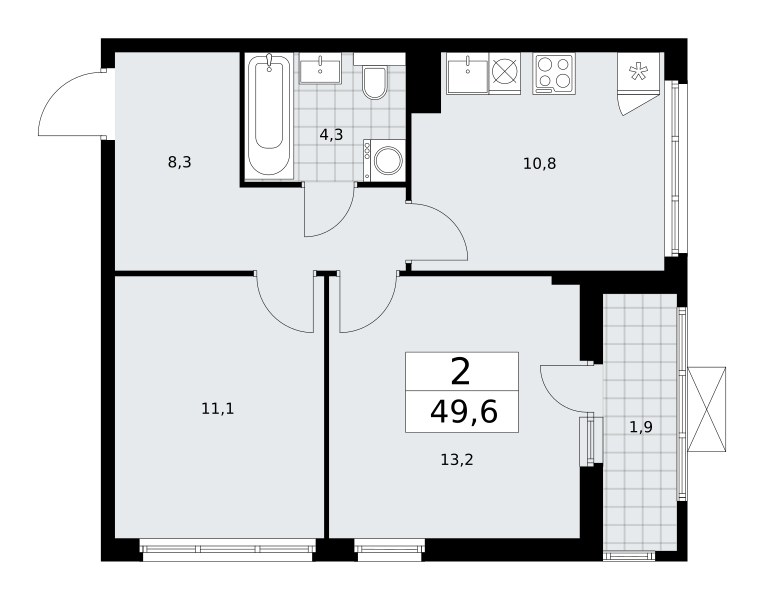 Планировка: 2-комнатная, 49.6 м²
