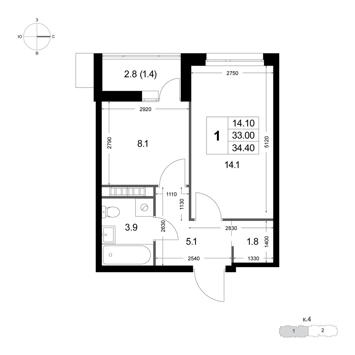 Планировка 34.3 м²