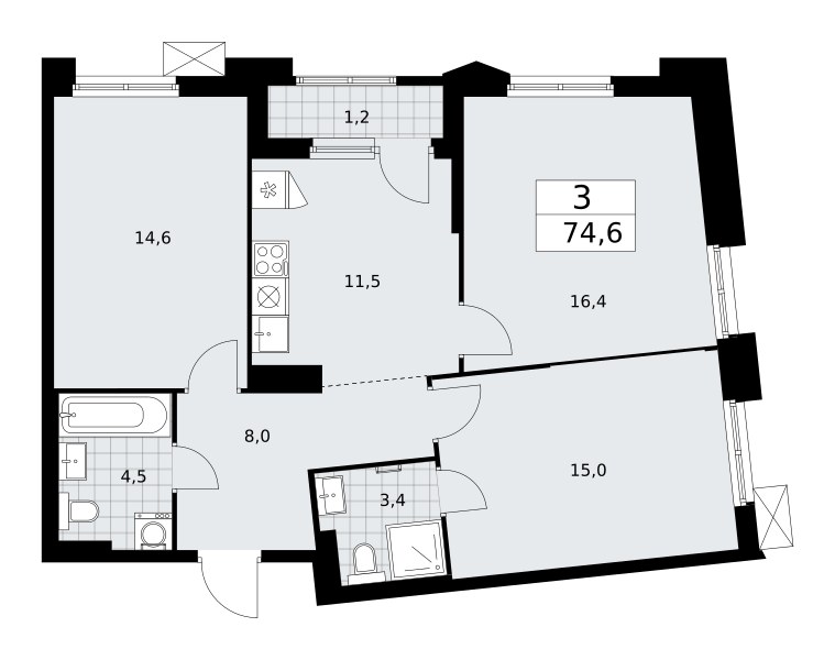 Планировка: 3-комнатная, 74.6 м²