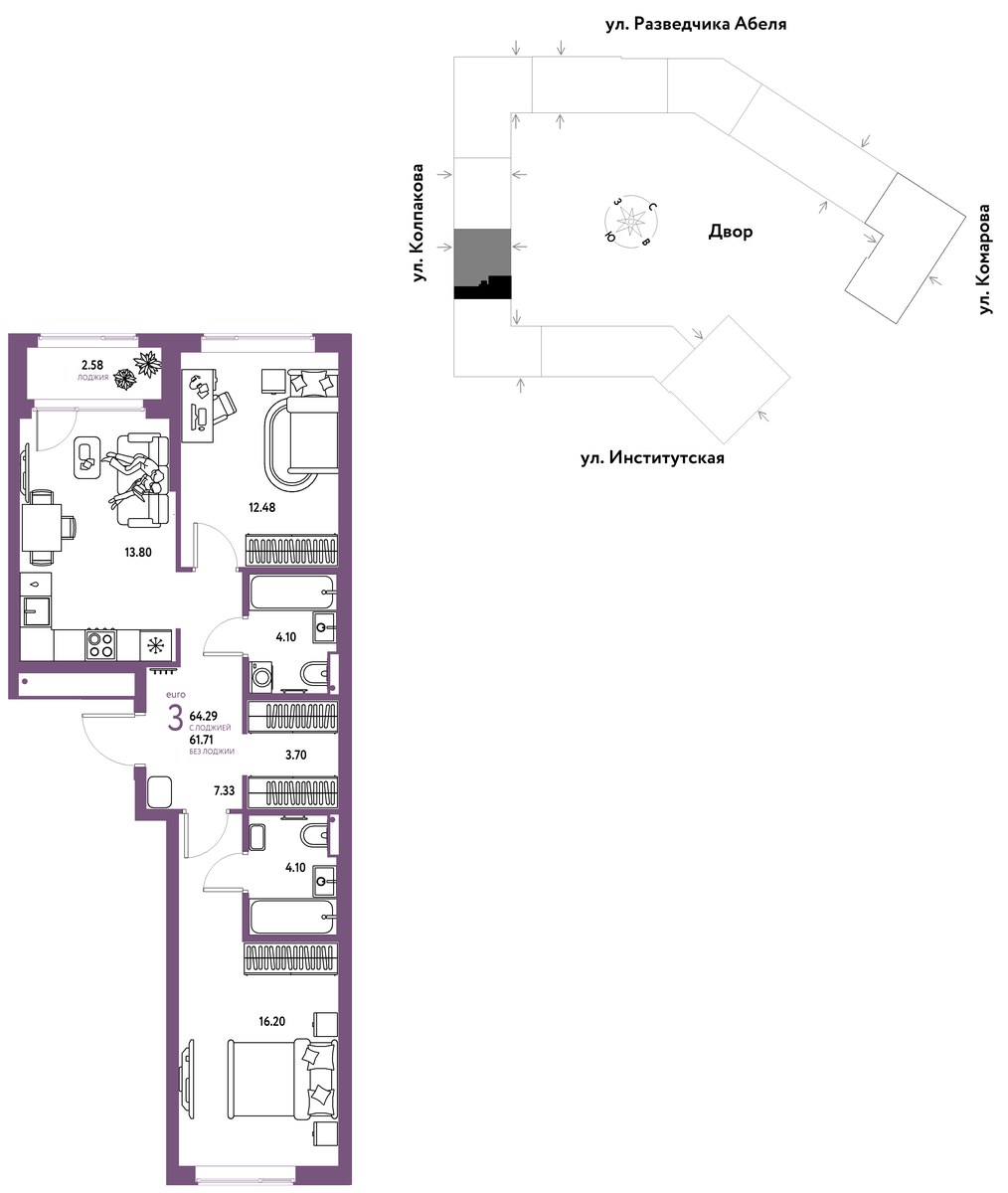 Планировка 64.29 м²