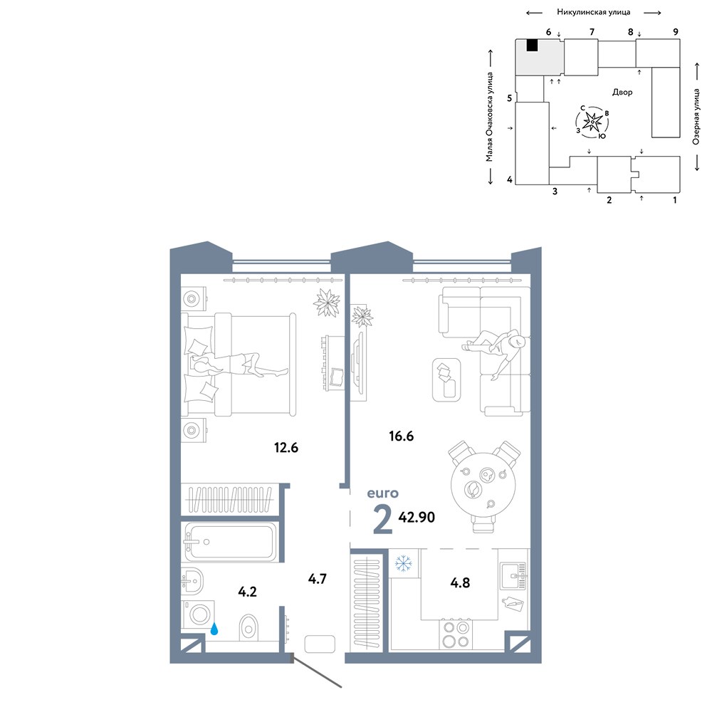 Планировка 42.9 м²