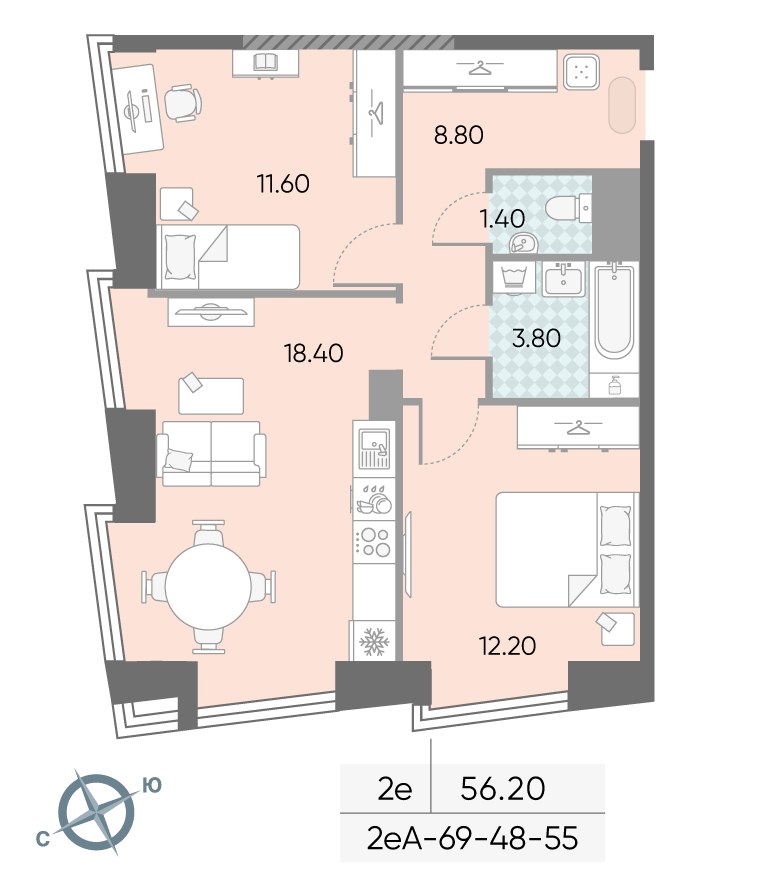 Планировка 56.2 м²