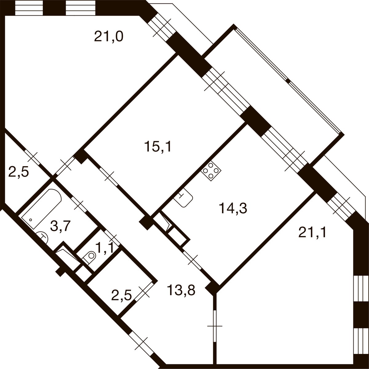 Планировка: 3-комнатная, 95.1 м²