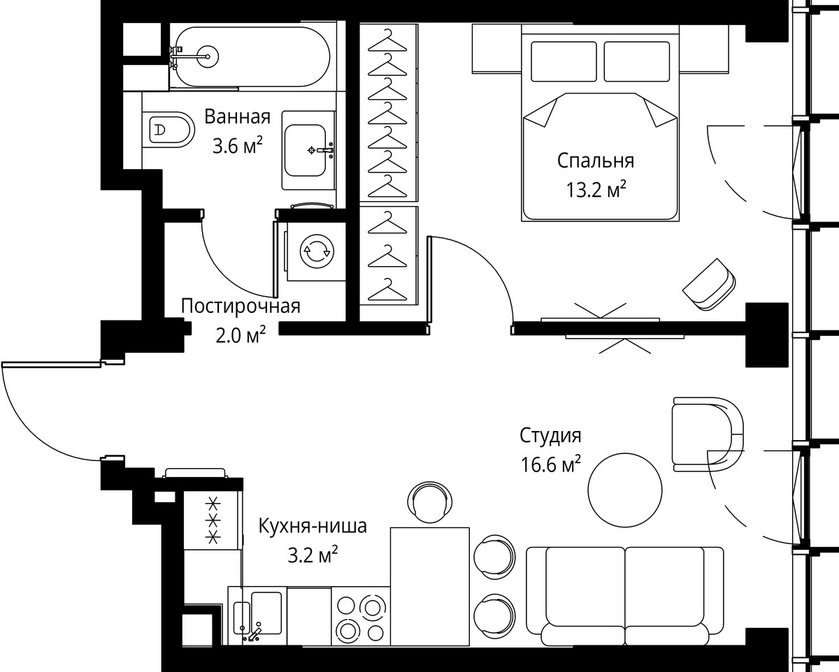 Планировка: 1-комнатная, 38.6 м²
