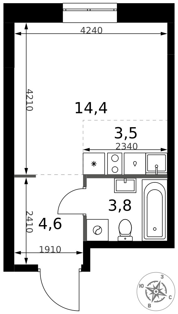 Планировка: Студия, 26.3 м²