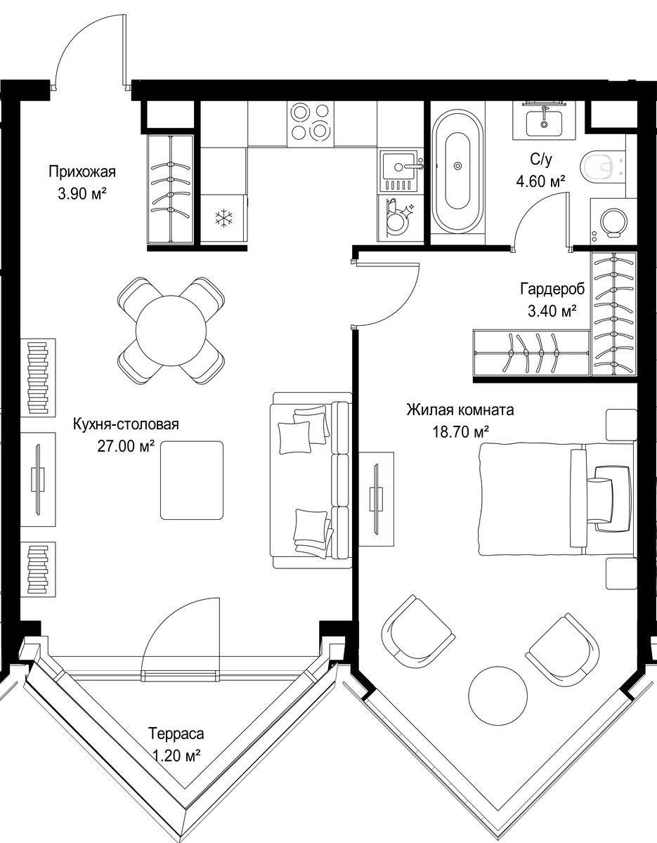 Планировка: 1-комнатная, 58.8 м²