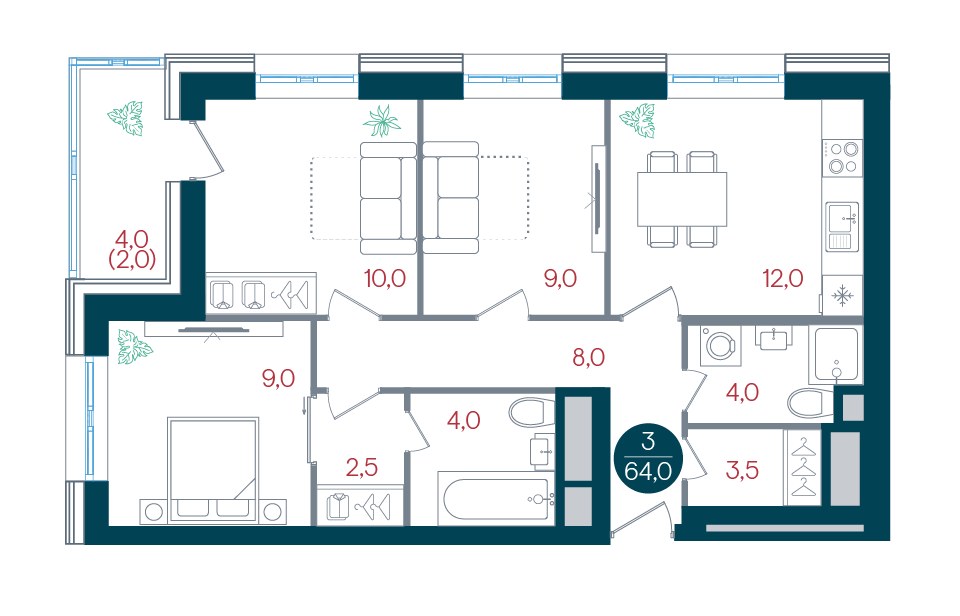 Планировка 64.0 м²
