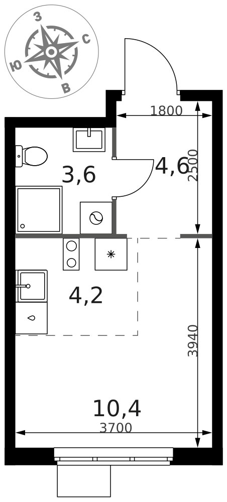 Планировка: Студия, 22.8 м²