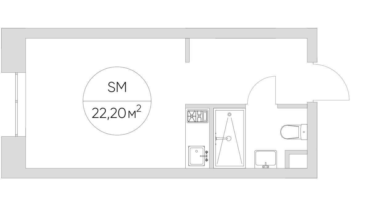 Планировка: 1-комнатная, 22.2 м²