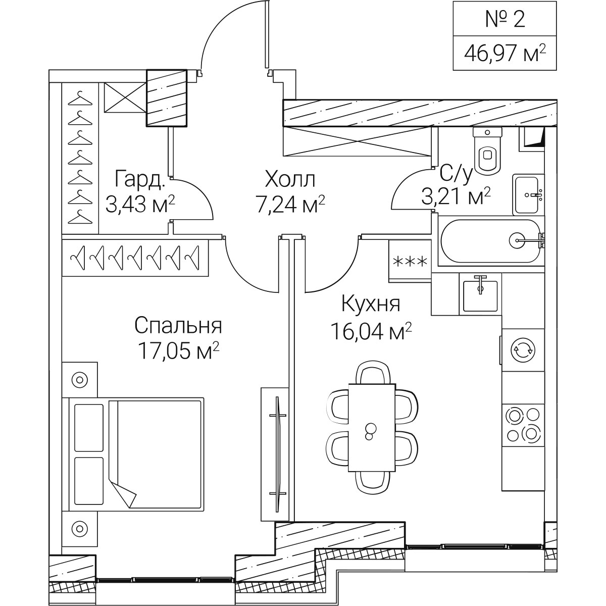 Планировка: 1-комнатная, 46.97 м²