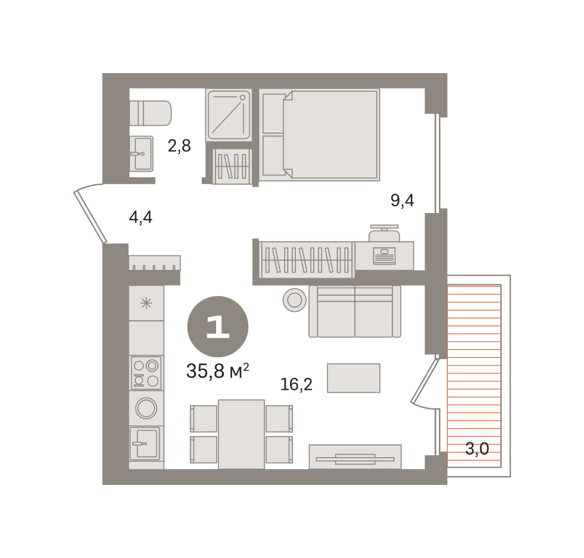 Планировка 35.79 м²