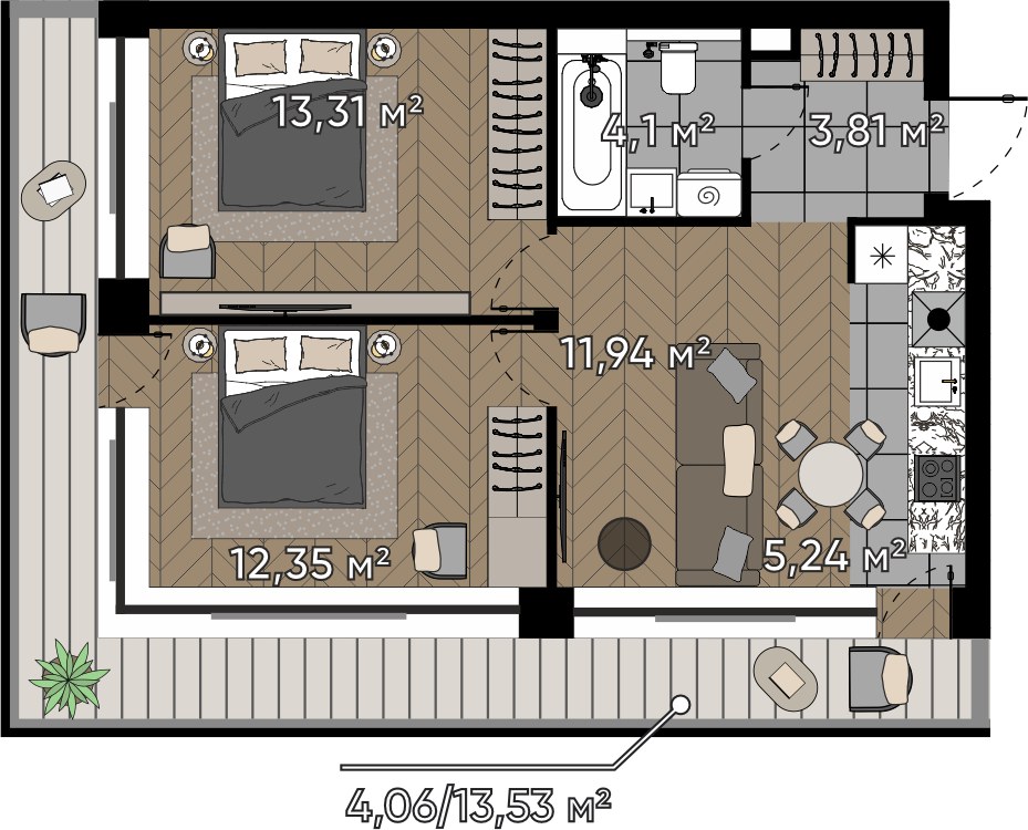 Планировка 54.3 м²