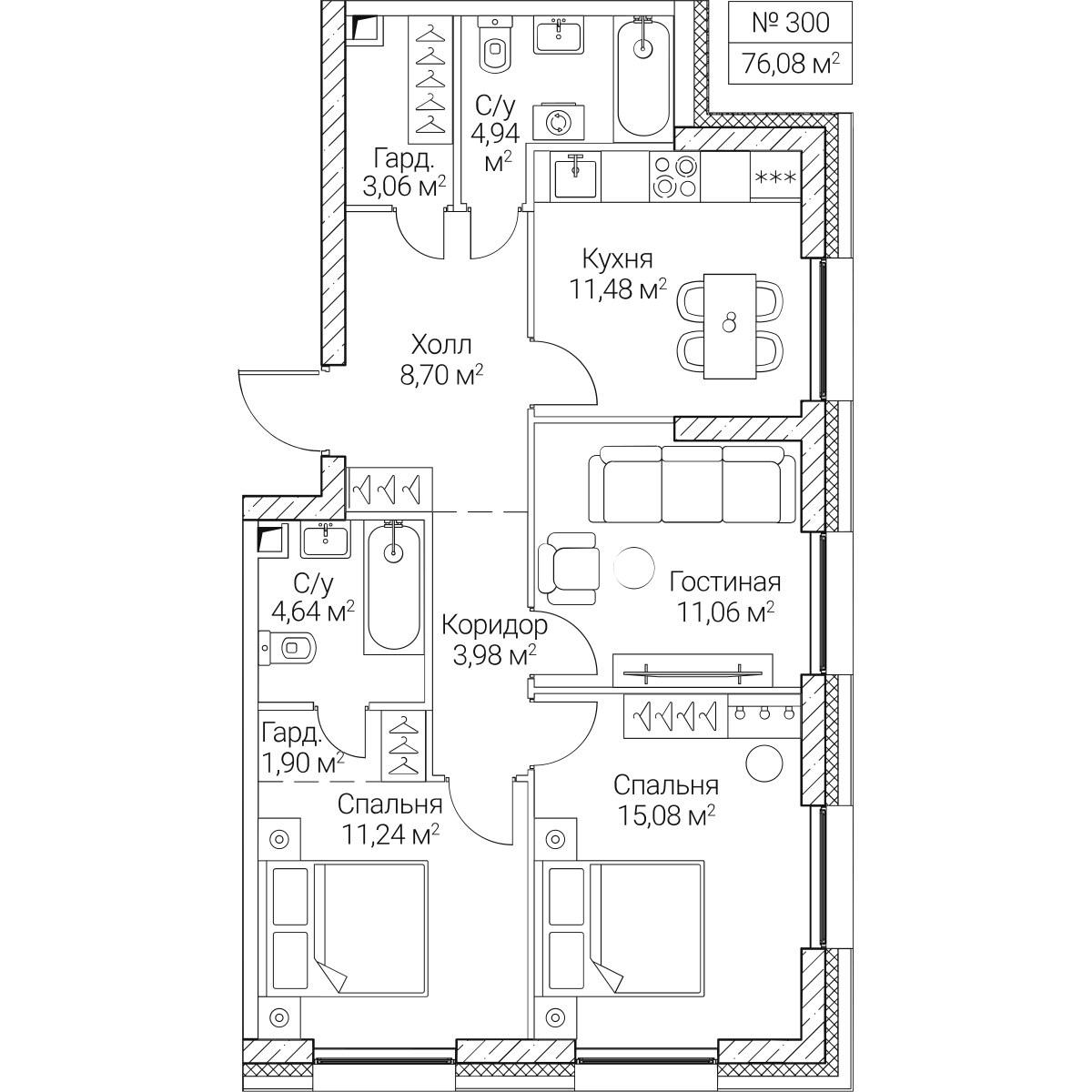 Планировка 76.08 м²