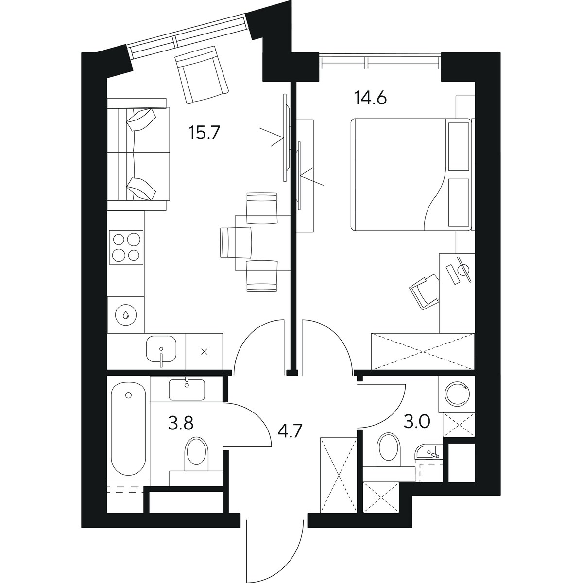 Планировка: 1-комнатная, 41.8 м²