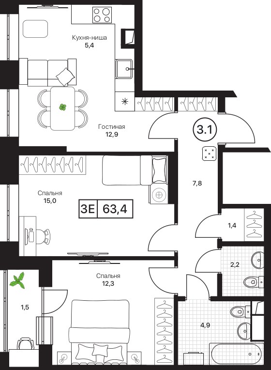 Планировка 63.4 м²