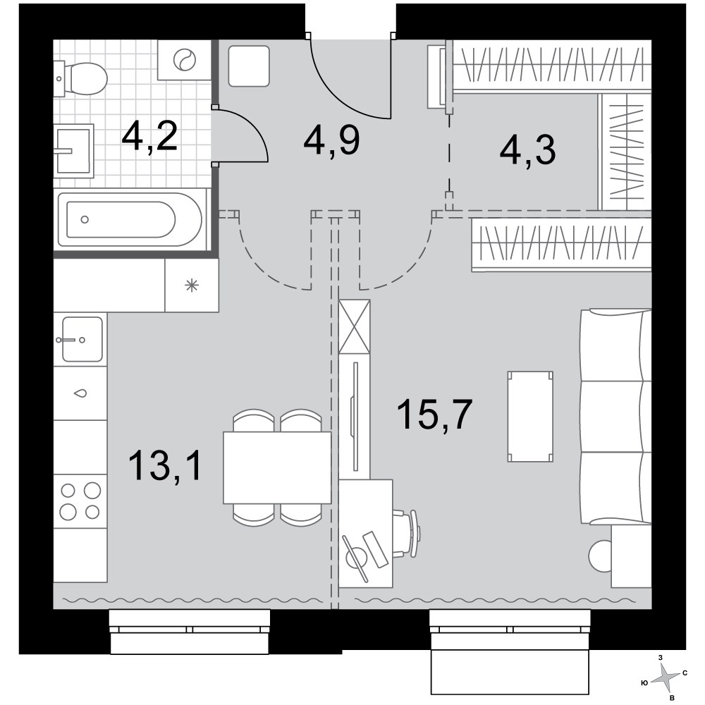 Планировка: 1-комнатная, 42.2 м²