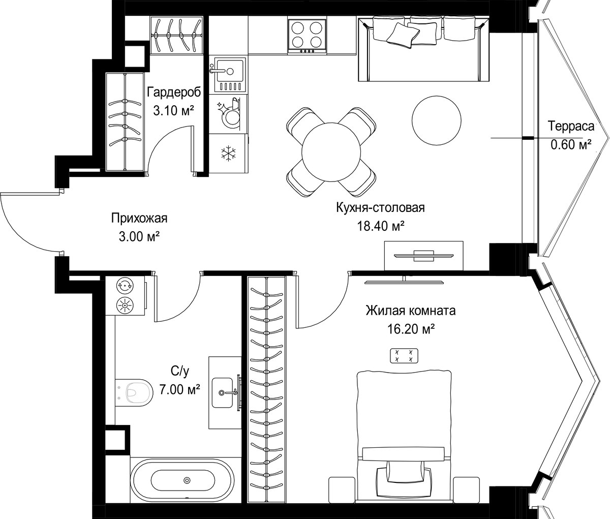 Планировка: 1-комнатная, 48.3 м²