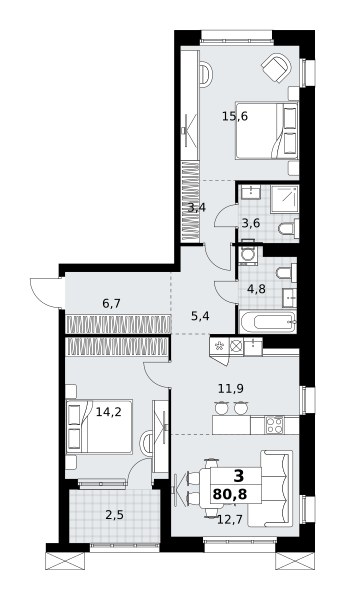 Планировка: 3-комнатная, 80.8 м²