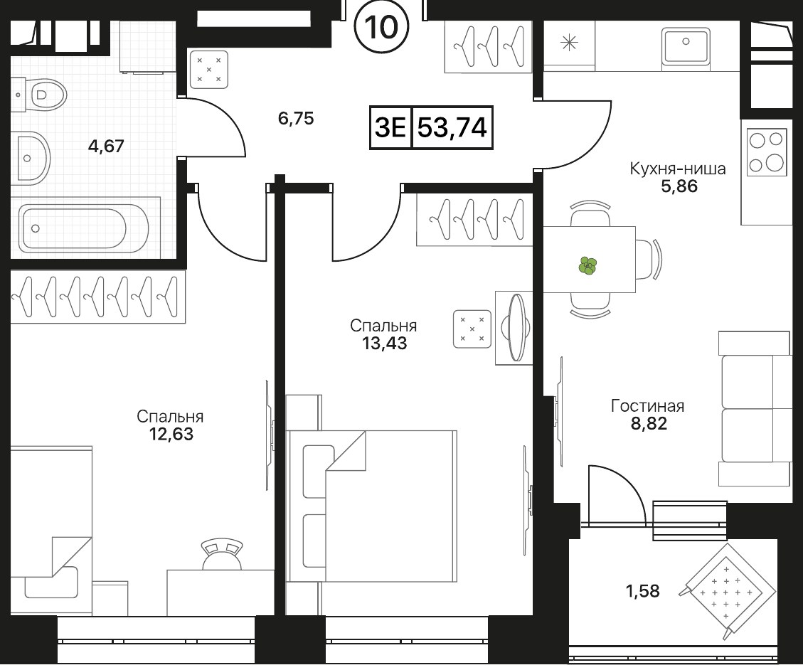 Планировка 53.74 м²