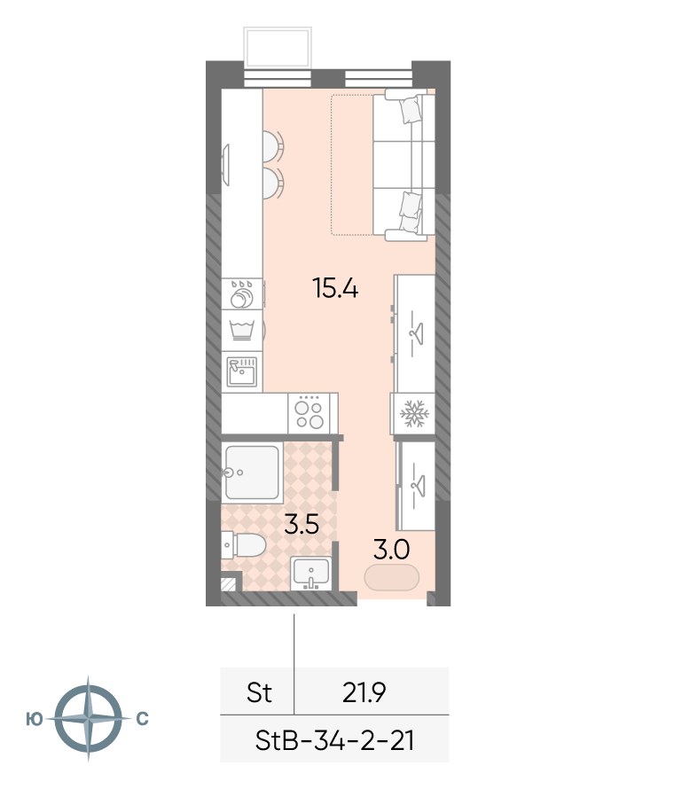 Планировка: Студия, 21.9 м²
