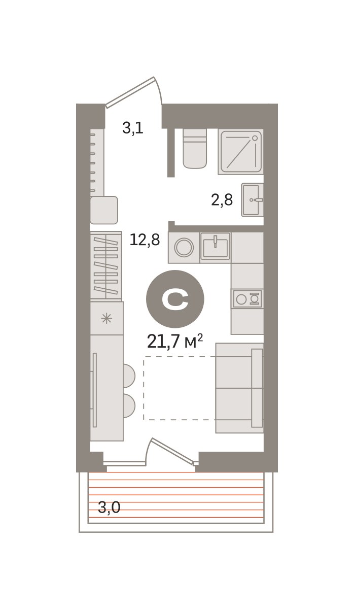 Планировка: Студия, 21.7 м²
