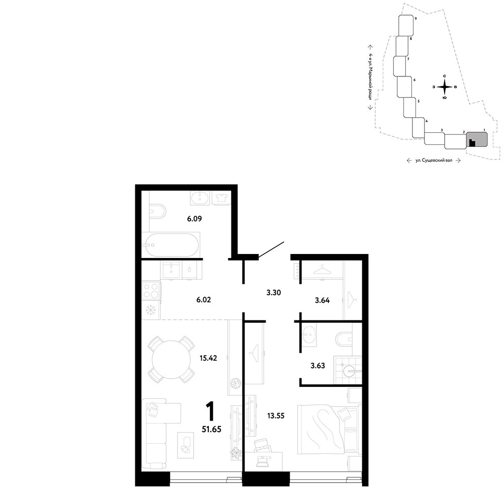Планировка 51.65 м²