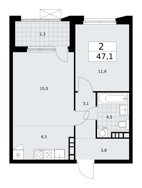 Планировка: 2-комнатная, 47.1 м²