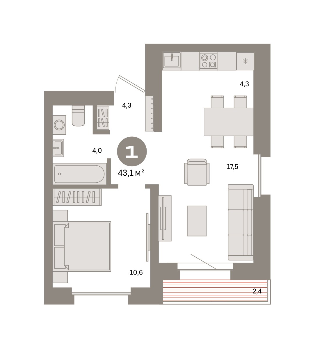 Планировка 43.1 м²