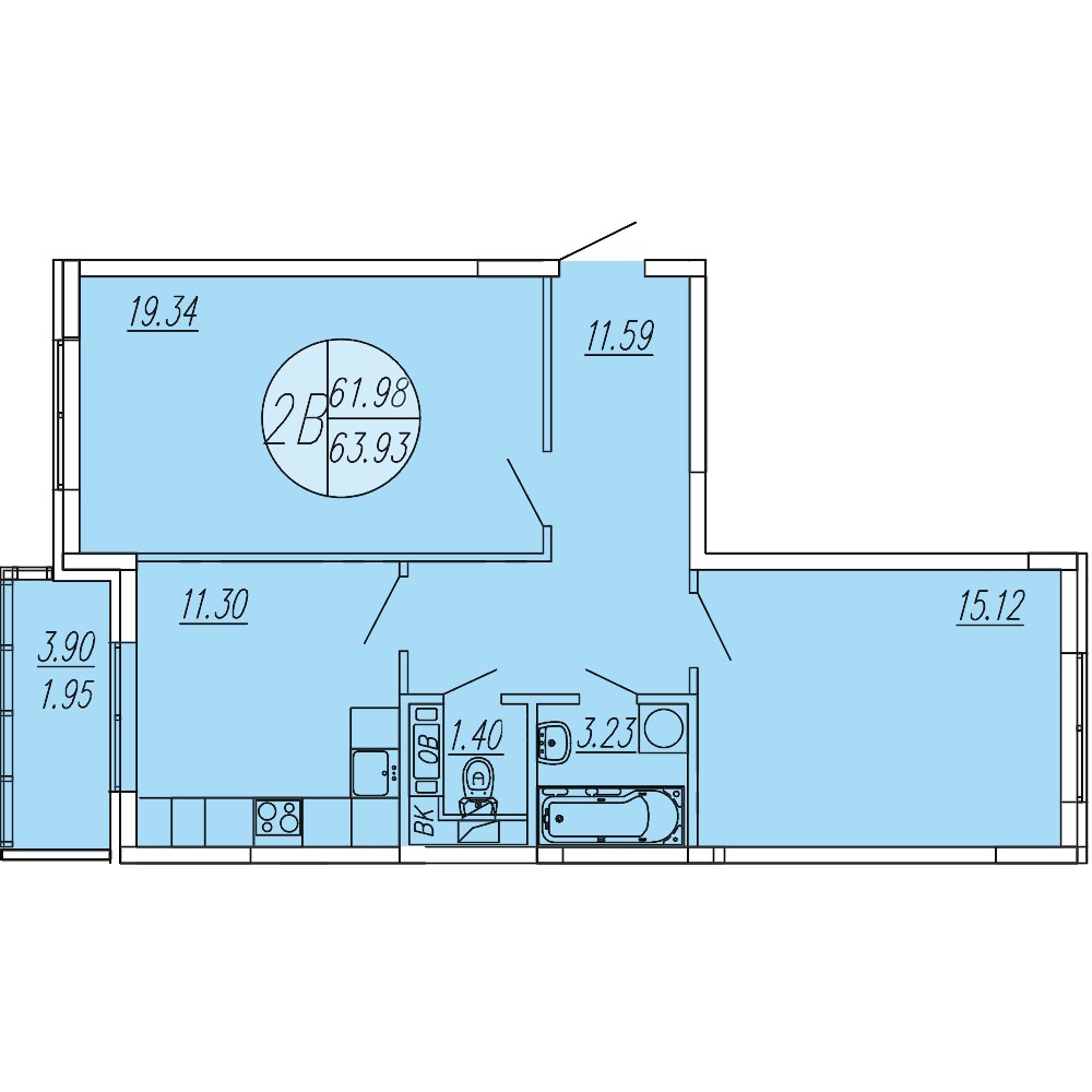 Планировка: 2-комнатная, 63.93 м²