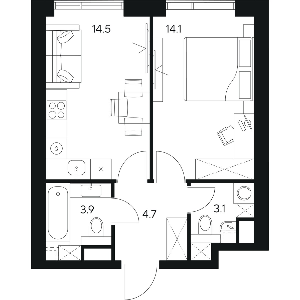 Планировка: 1-комнатная, 40.3 м²