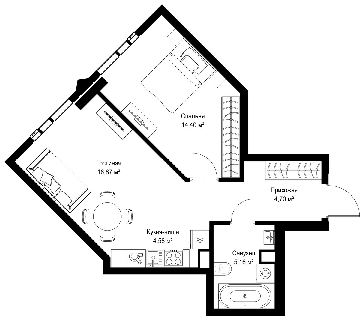 Планировка: 1-комнатная, 45.71 м²