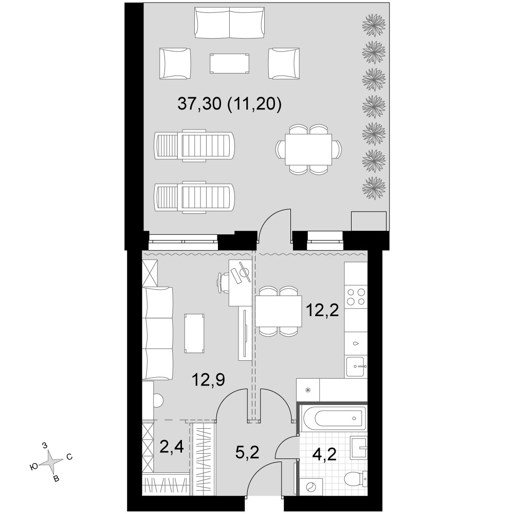 Планировка: 1-комнатная, 48.1 м²