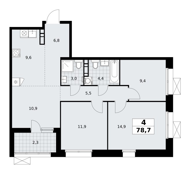 Планировка: 4-комнатная, 78.7 м²