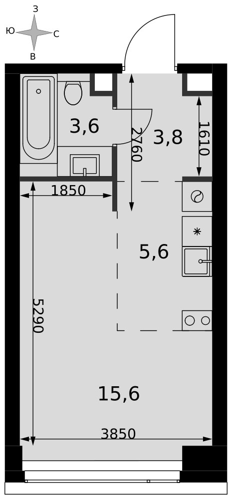 Планировка: Студия, 28.6 м²