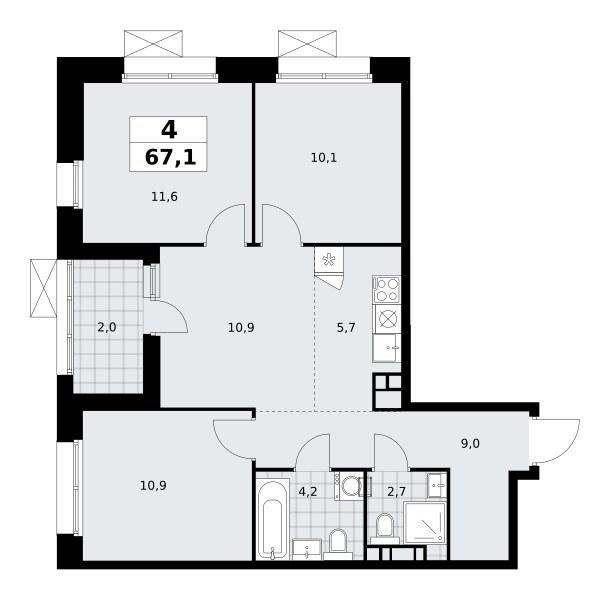 Планировка: 4-комнатная, 67.0 м²
