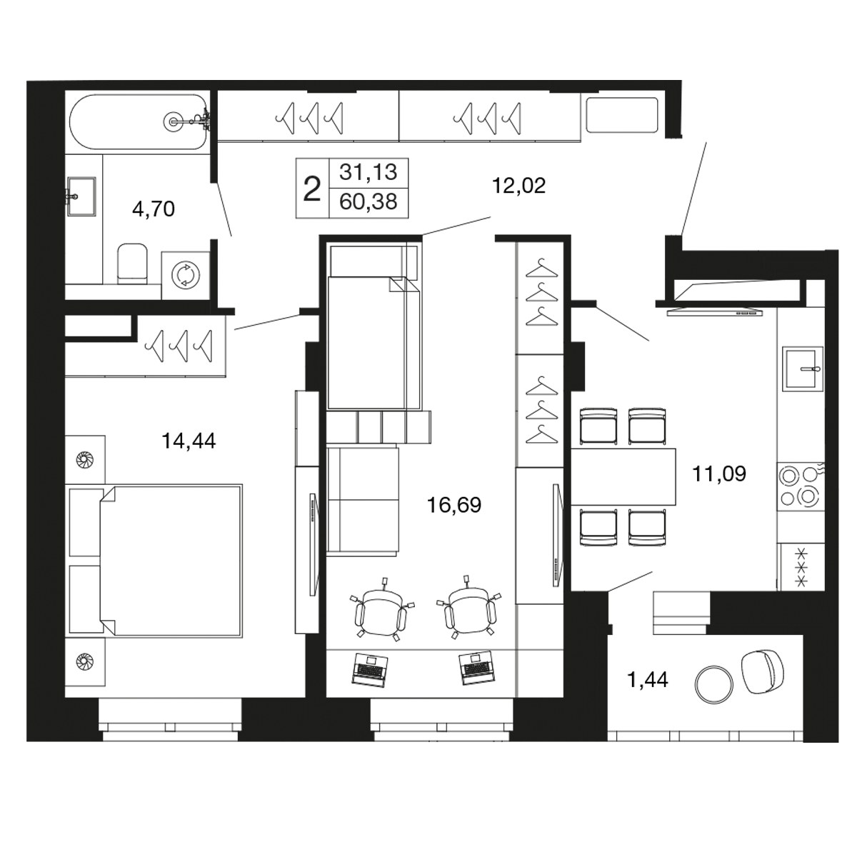 Планировка 58.9 м²