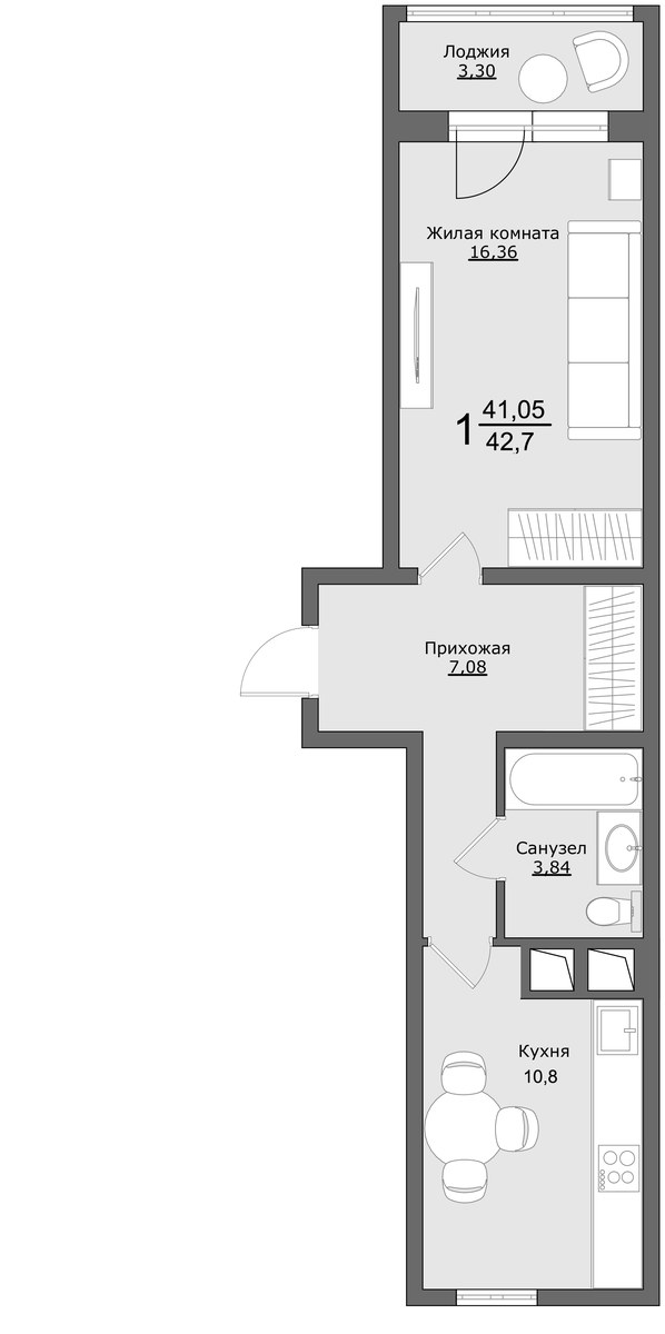 Планировка: 1-комнатная, 42.9 м²