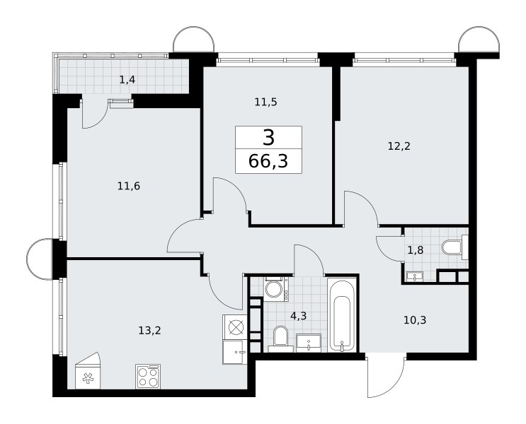 Планировка: 3-комнатная, 66.3 м²