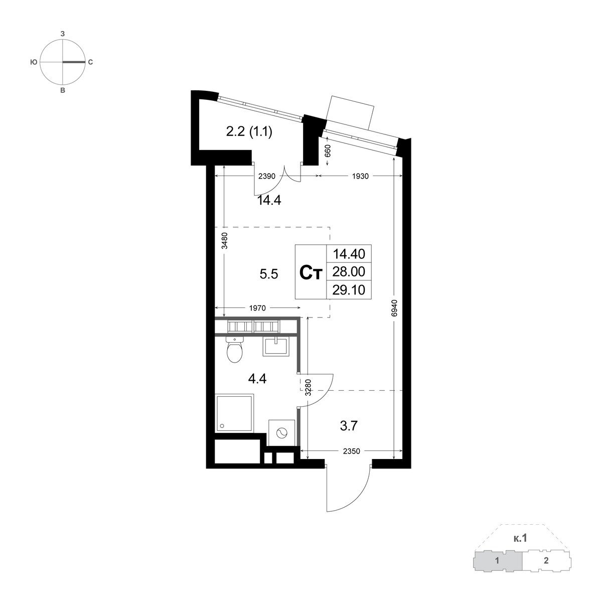 Планировка: Студия, 29.1 м²