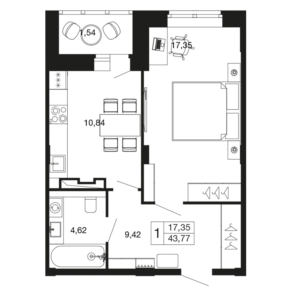 Планировка: 1-комнатная, 42.2 м²