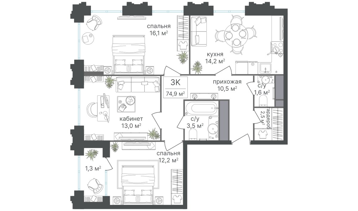 Планировка 74.5 м²