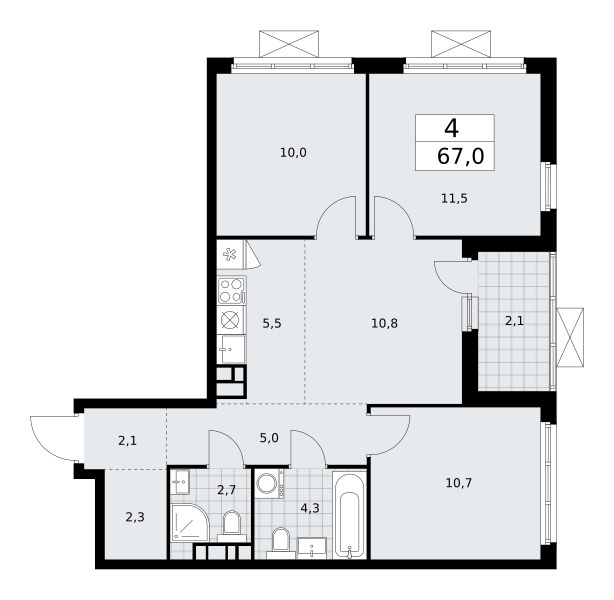 Планировка: 4-комнатная, 67.0 м²