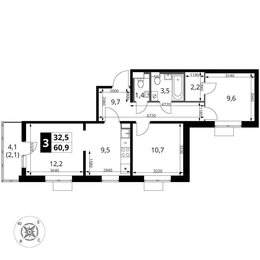 Планировка 60.9 м²