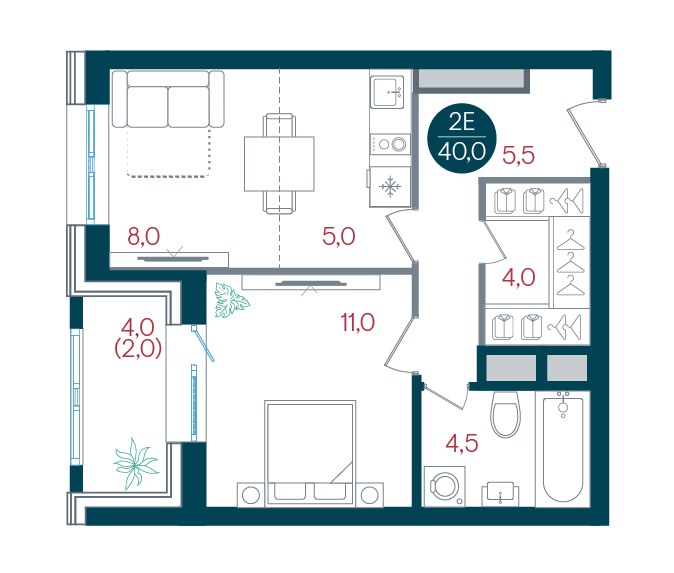Планировка 40.0 м²