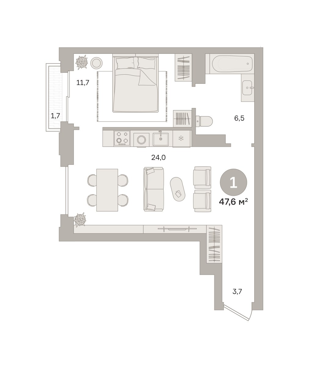 Планировка 47.57 м²