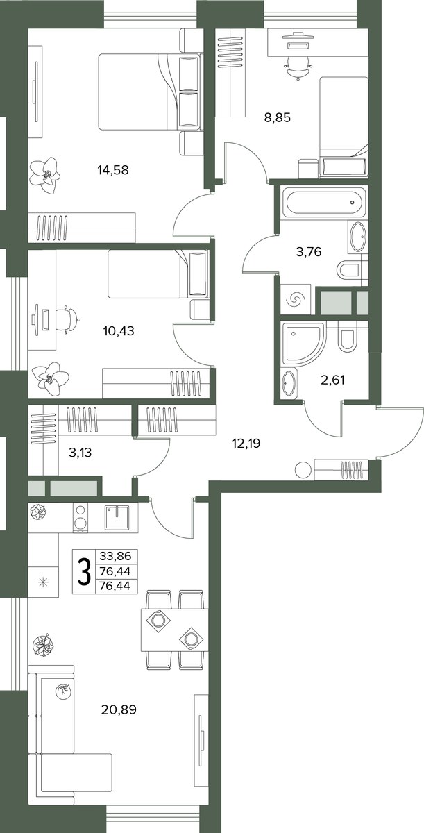 Планировка 76.44 м²