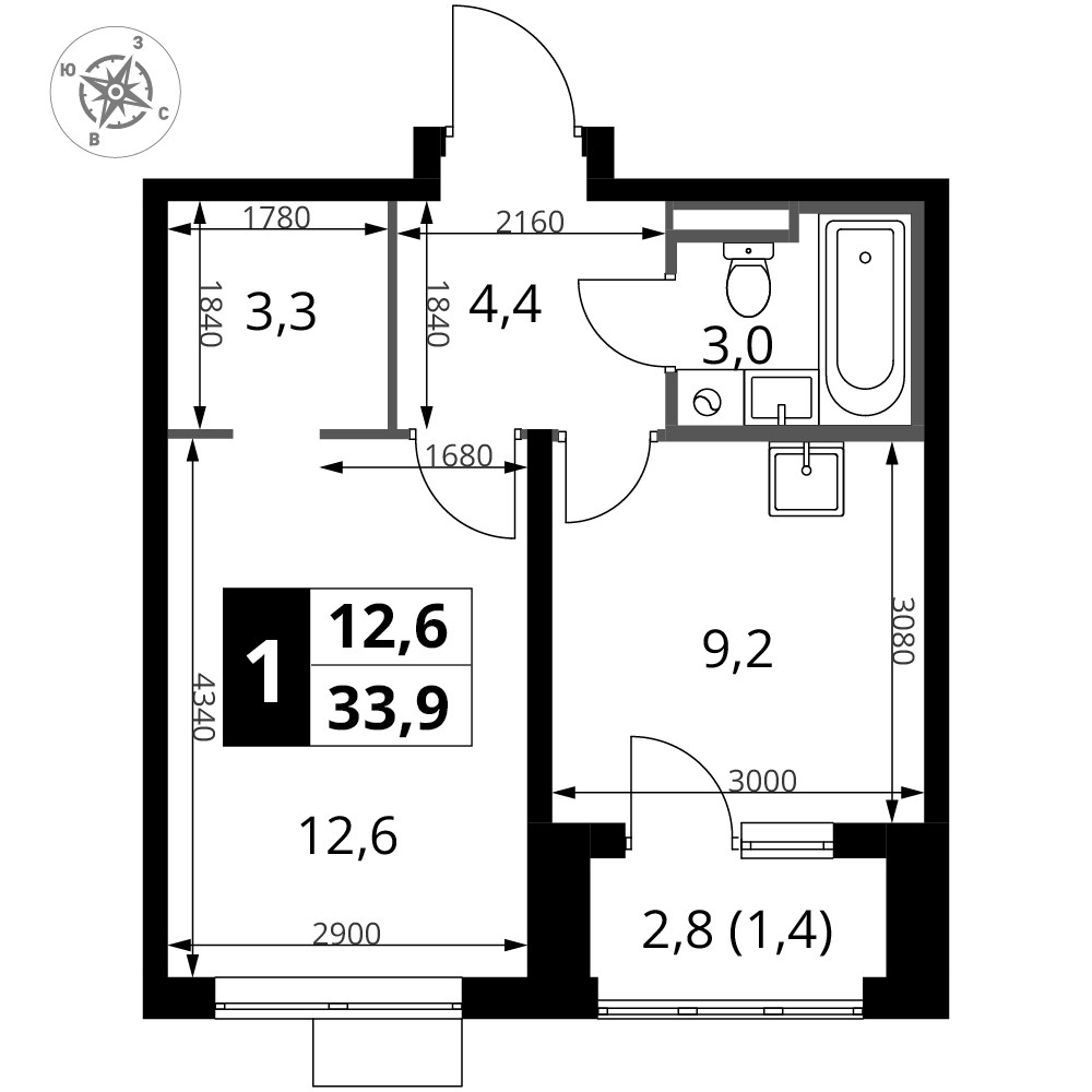 Планировка 33.9 м²